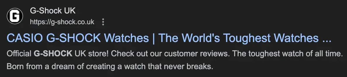 SEO Guide to Meta Tags, Titles and Descriptions 2 Example of GShock Meta Title and Description
