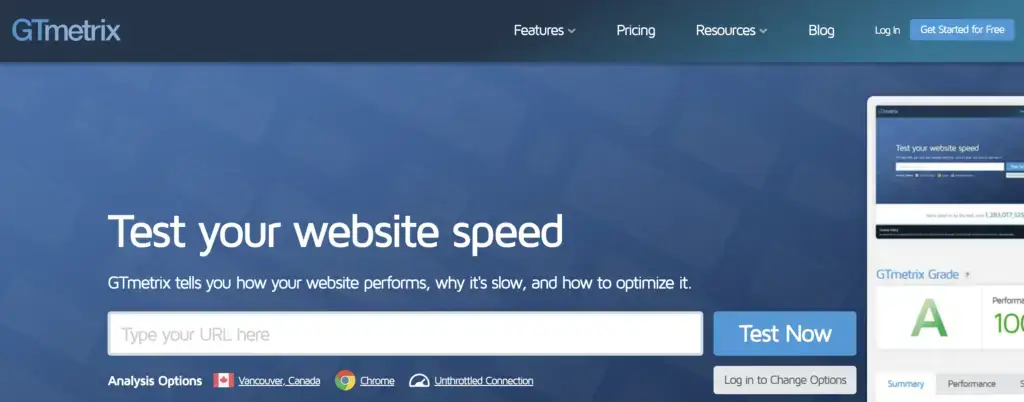 GTMETRIX Home Screen
