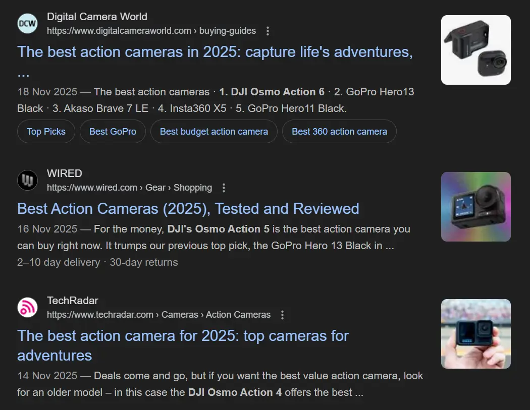 SEO Guide to Meta Tags, Titles and Descriptions 3 best action camera SERP results example
