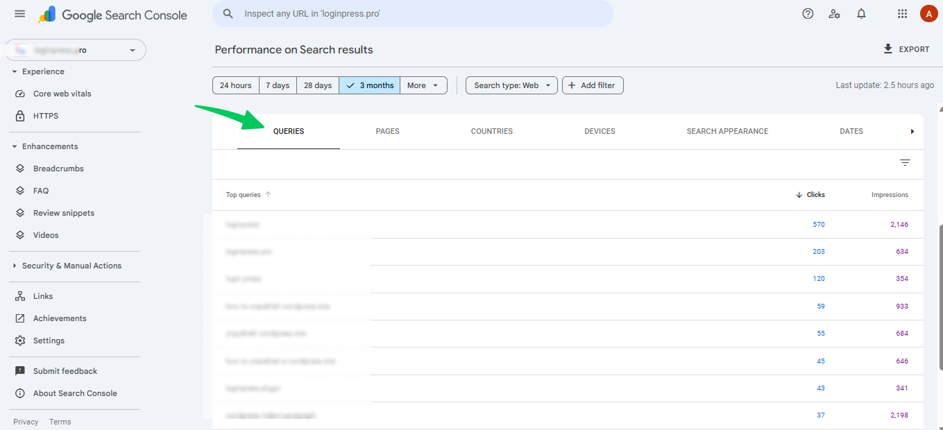 Search Console Queries Tab
